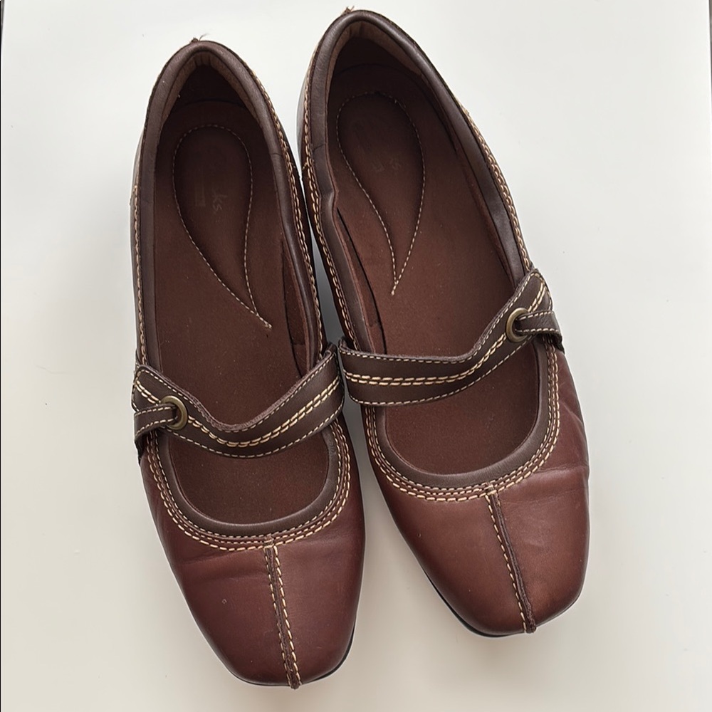 Clarks Collection Shoes Women's Size 10M Mary Jane Brown Leather Square Toe